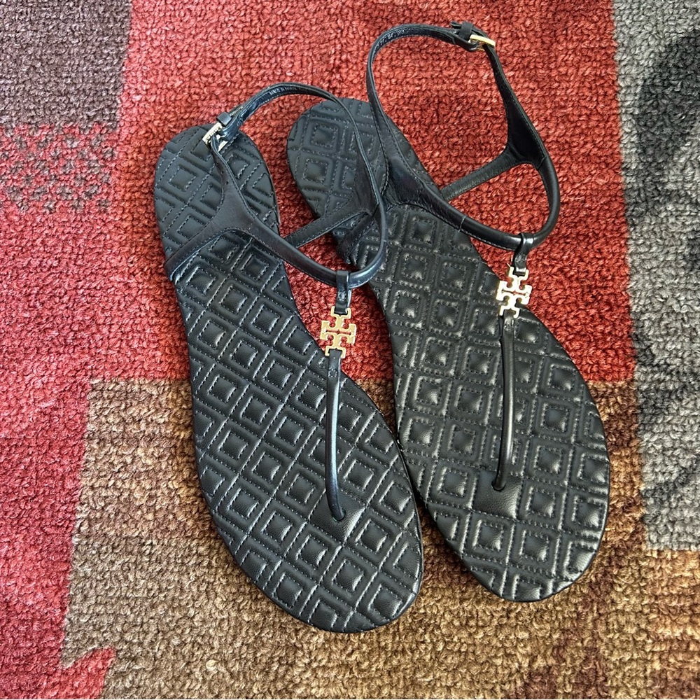 Tory Burch Marion Quilted Black Sandal Vegan Leather Size 9